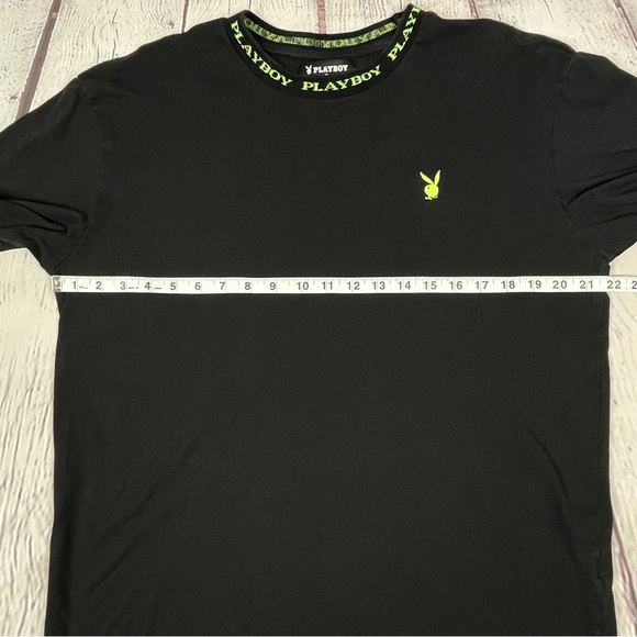 PLAYBOY by PACSUN black cotton t-shirt with neon green trim and logo, size L - Picture 9 of 12
